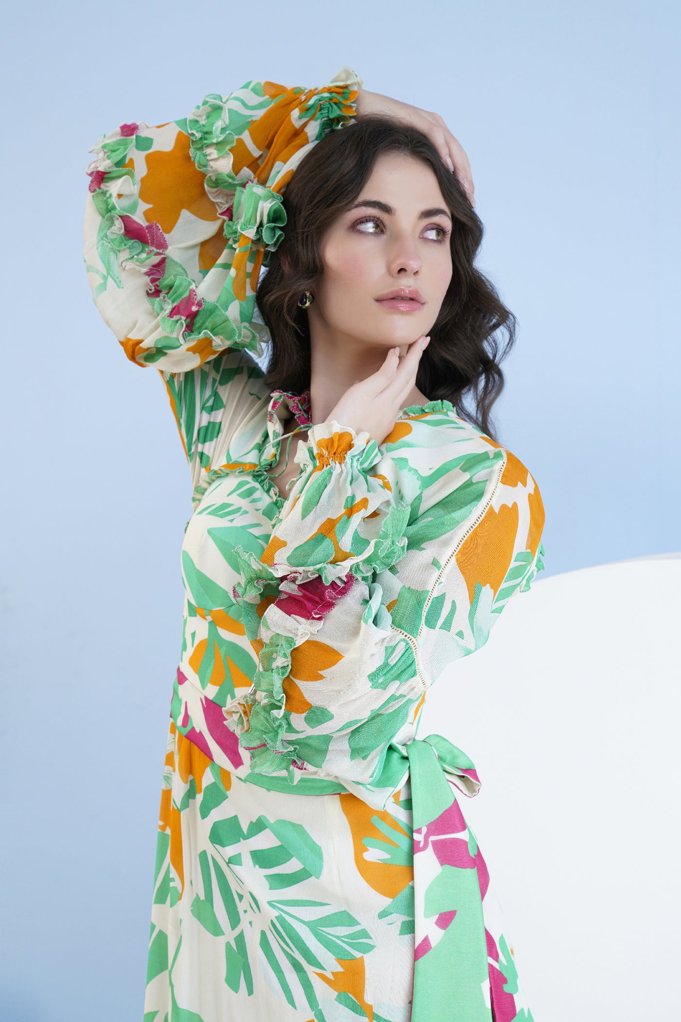 Mandira Wirk Printed High Low Dress With Frilled Puff Sleeves And Constructed Yoke indian designer wear online shopping melange singapore