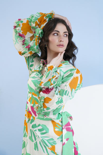 Mandira Wirk Printed High Low Dress With Frilled Puff Sleeves And Constructed Yoke indian designer wear online shopping melange singapore