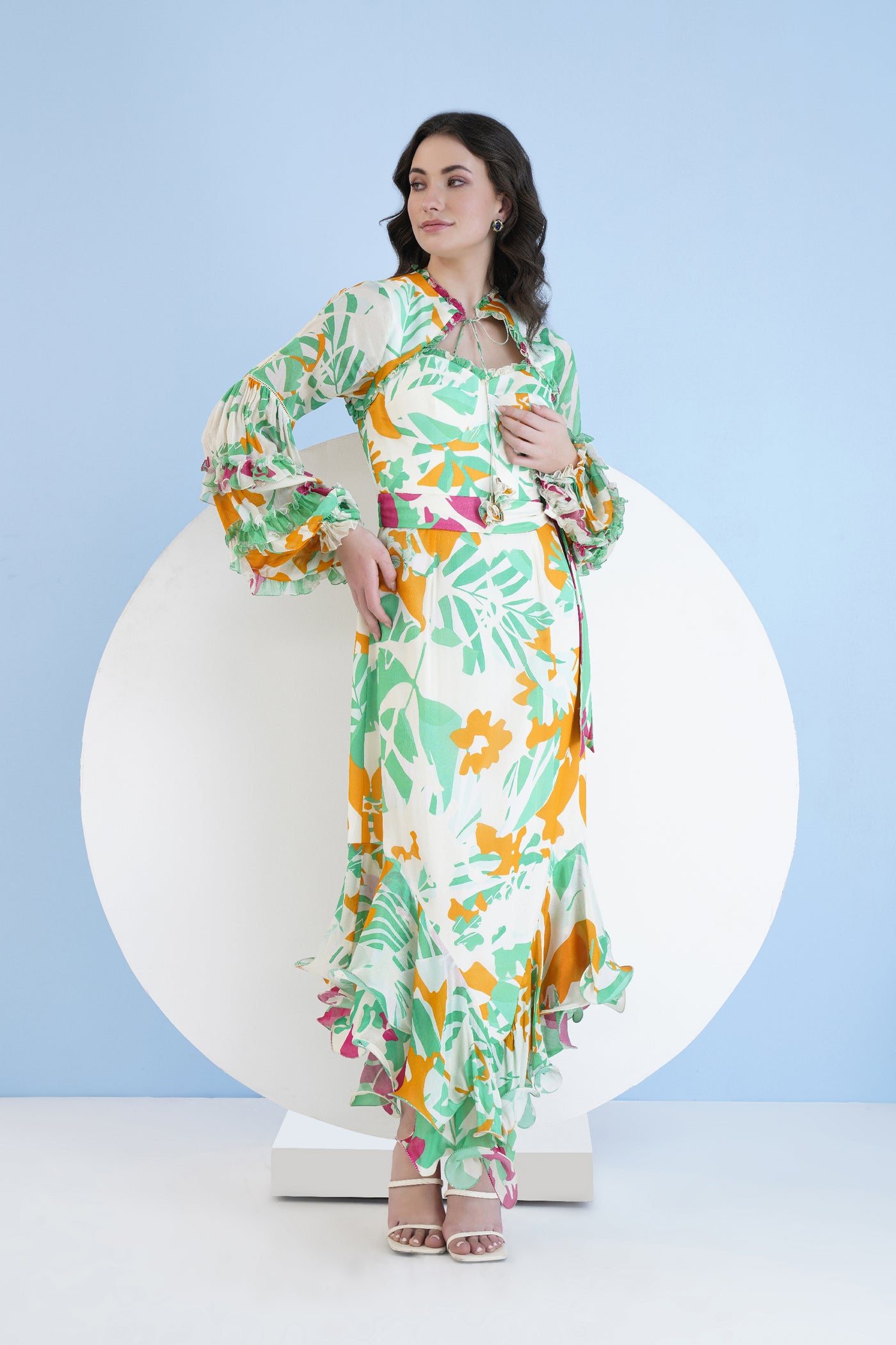 Mandira Wirk Printed High Low Dress With Frilled Puff Sleeves And Constructed Yoke indian designer wear online shopping melange singapore