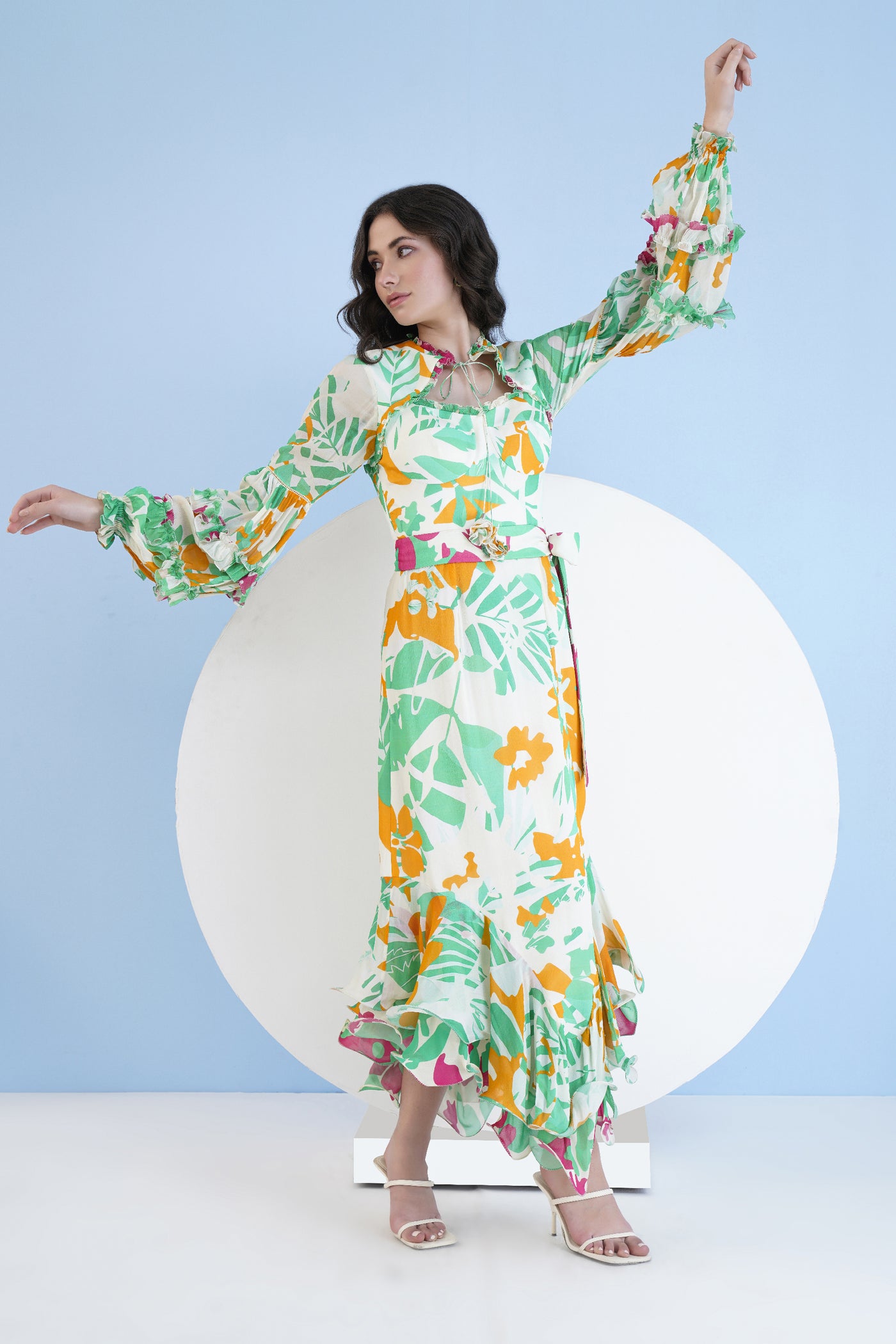 Mandira Wirk Printed High Low Dress With Frilled Puff Sleeves And Constructed Yoke indian designer wear online shopping melange singapore