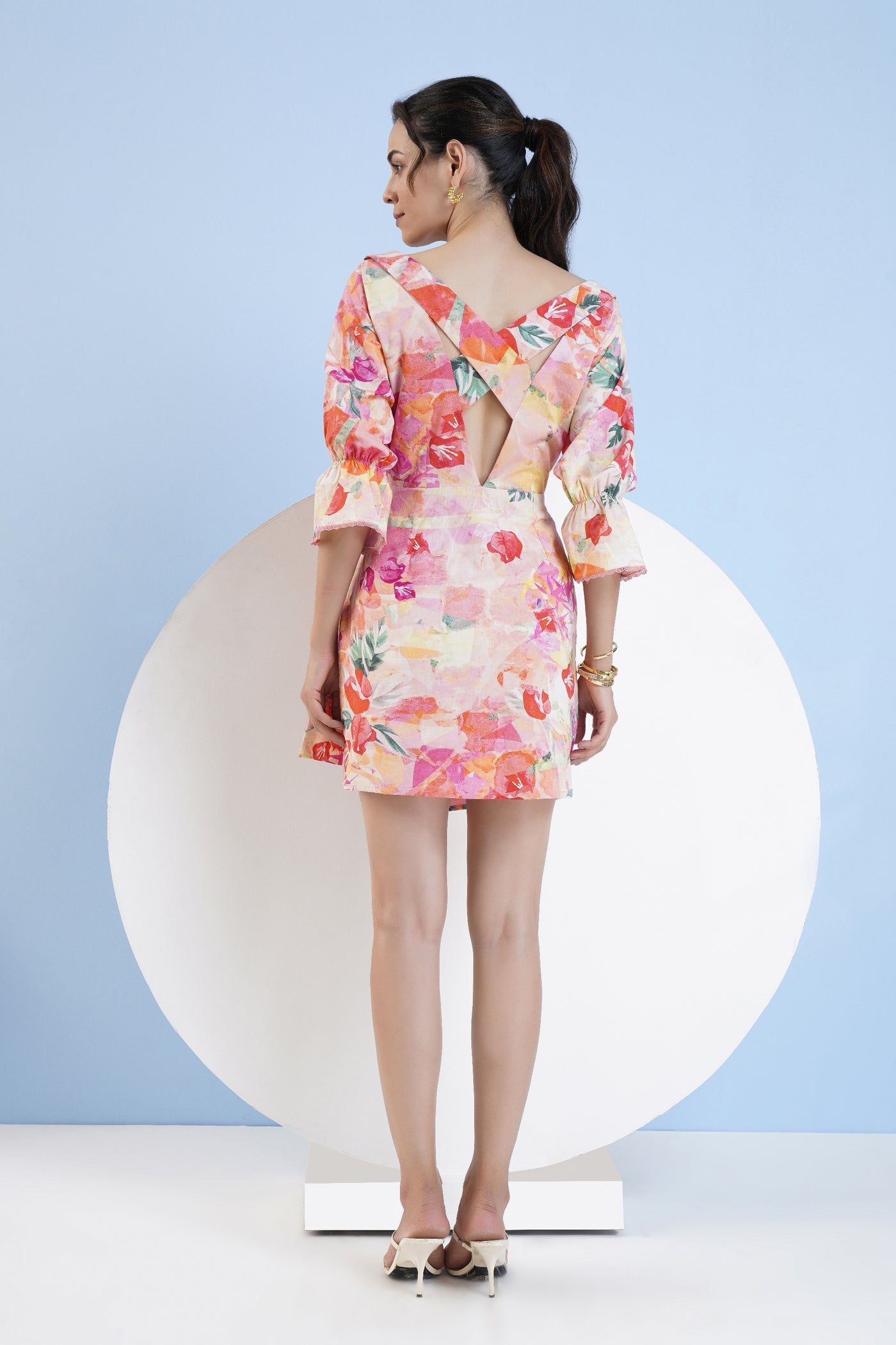 Mandira Wirk Printed Short Cotton Dress With Buckle Detail And Waist Cutout indian designer wear online shopping melange singapore
