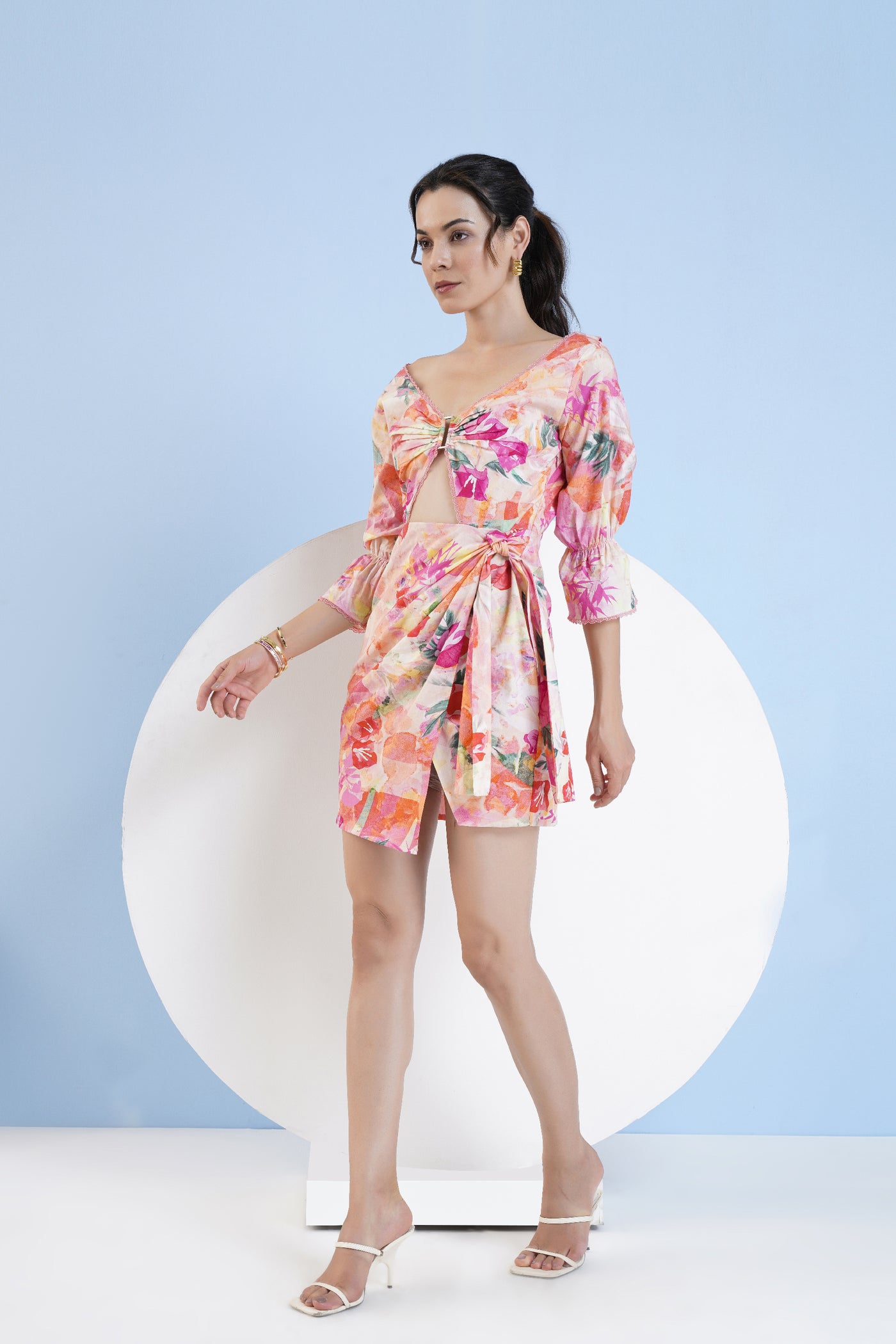 Mandira Wirk Printed Short Cotton Dress With Buckle Detail And Waist Cutout indian designer wear online shopping melange singapore