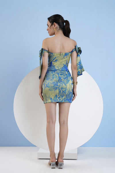 Mandira Wirk Printed Short Fitted Dress With Knotted Elastic Straps indian designer wear online shopping melange singapore
