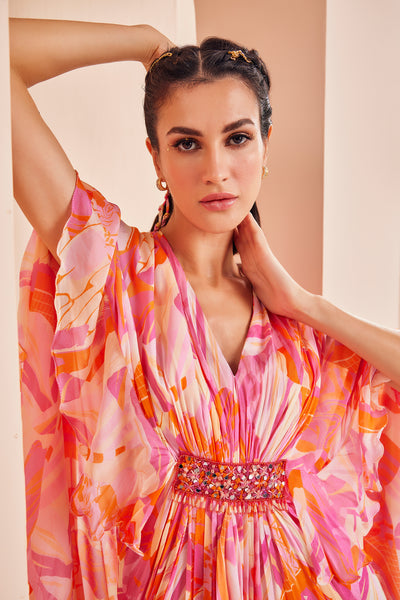 Mandira Wirk Printed Chiffon Asymmetrical Pleated Kaftan indian designer wear online shopping melange singapore