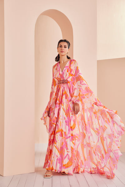 Mandira Wirk Printed Chiffon Asymmetrical Pleated Kaftan indian designer wear online shopping melange singapore