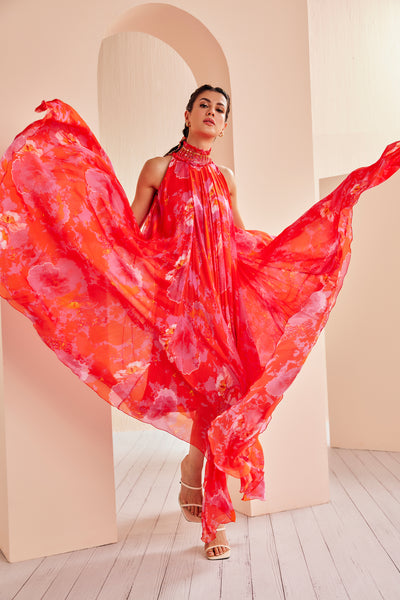 Mandira Wirk Printed Chiffon High Low Dress With Entence Hand Embroidered Collar indian designer wear online shopping melange singapore