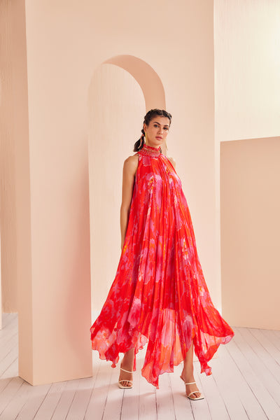 Mandira Wirk Printed Chiffon High Low Dress With Entence Hand Embroidered Collar indian designer wear online shopping melange singapore