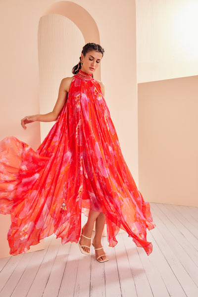 Mandira Wirk Printed Chiffon High Low Dress With Entence Hand Embroidered Collar indian designer wear online shopping melange singapore