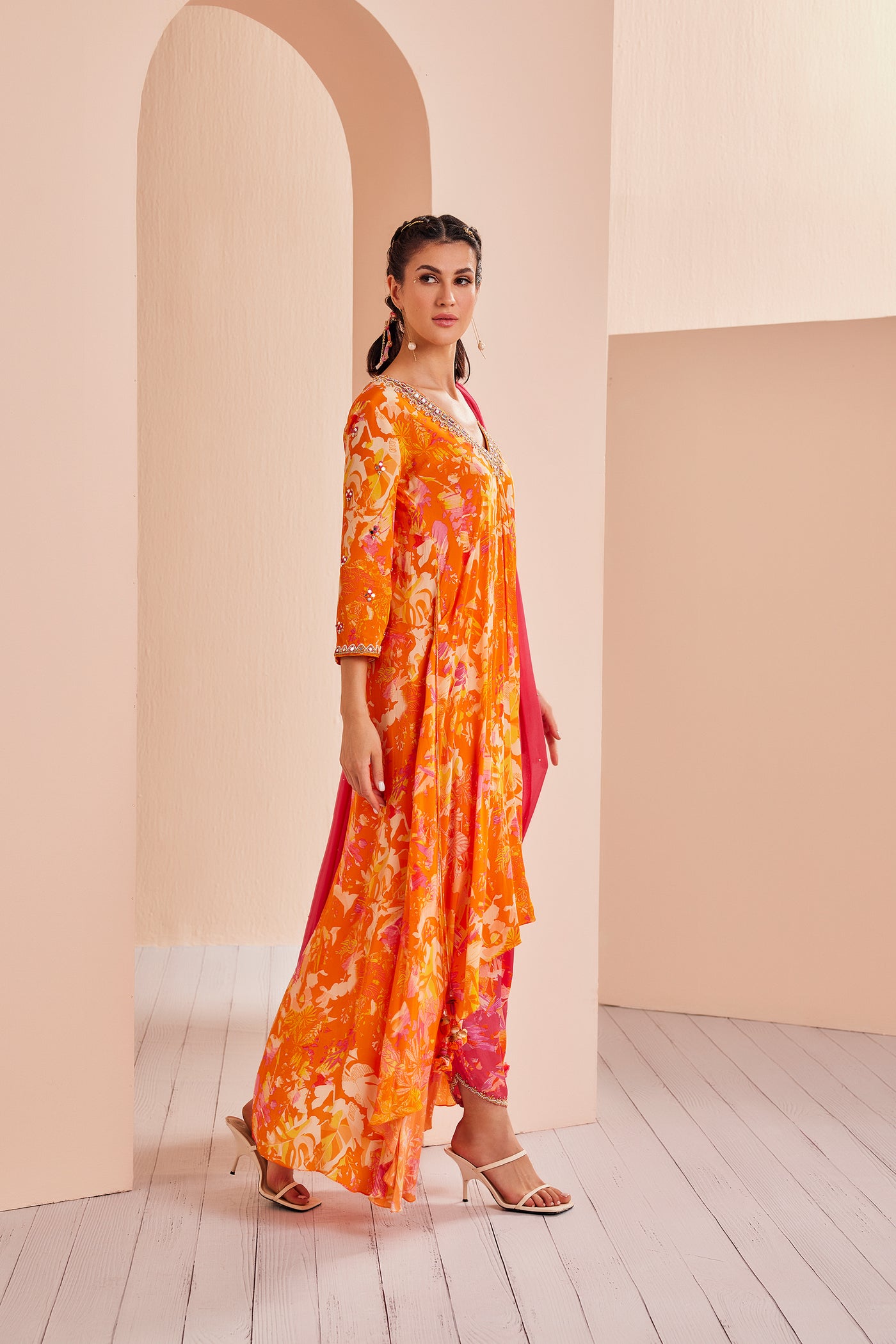 Mandira Wirk Printed Crepe Asymmetric Embroidered Tunic Complimenting With Dhoti And Dupatta indian designer wear online shopping melange singapore