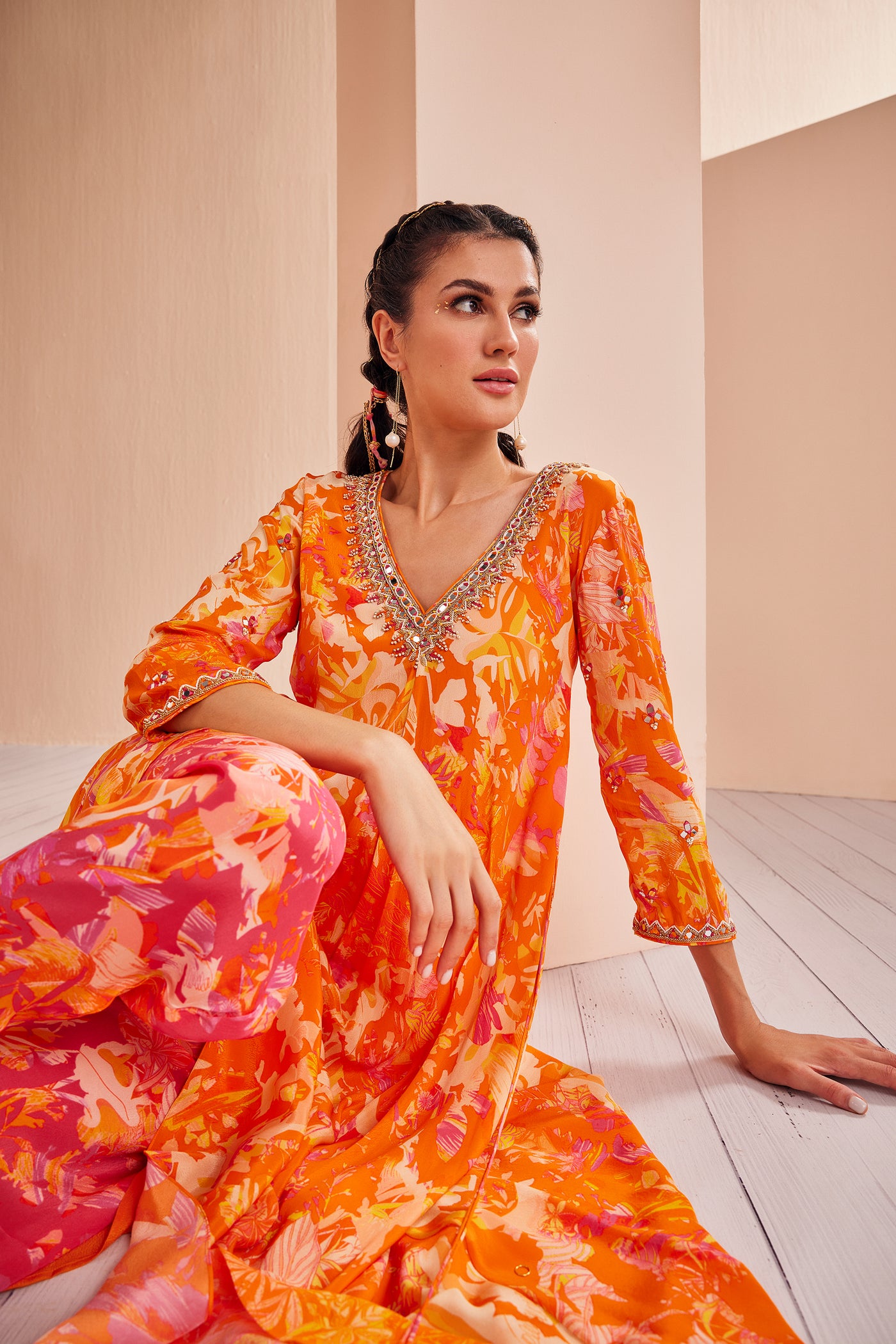 Mandira Wirk Printed Crepe Asymmetric Embroidered Tunic Complimenting With Dhoti And Dupatta indian designer wear online shopping melange singapore