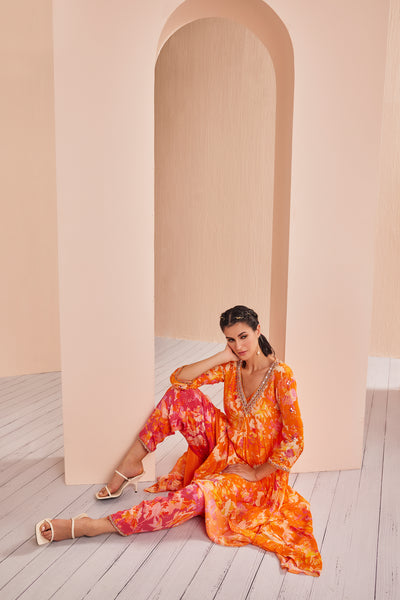 Mandira Wirk Printed Crepe Asymmetric Embroidered Tunic Complimenting With Dhoti And Dupatta indian designer wear online shopping melange singapore