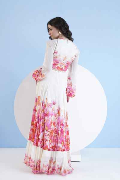 Mandira Wirk Red Bauhinia Printed Long Dress With V Neckline indian designer wear online shopping melange singapore
