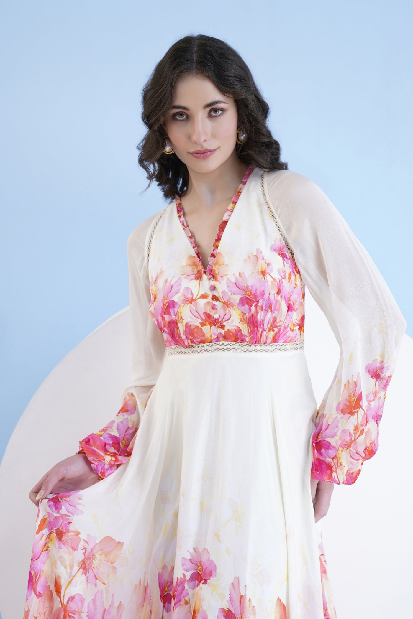 Mandira Wirk Red Bauhinia Printed Long Dress With V Neckline indian designer wear online shopping melange singapore