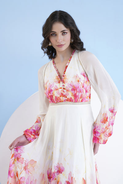 Mandira Wirk Red Bauhinia Printed Long Dress With V Neckline indian designer wear online shopping melange singapore