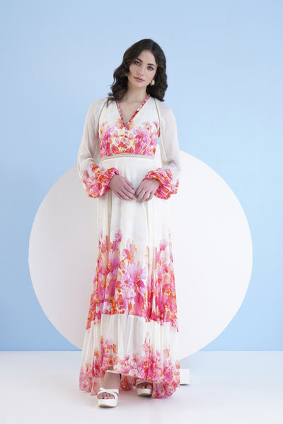 Mandira Wirk Red Bauhinia Printed Long Dress With V Neckline indian designer wear online shopping melange singapore