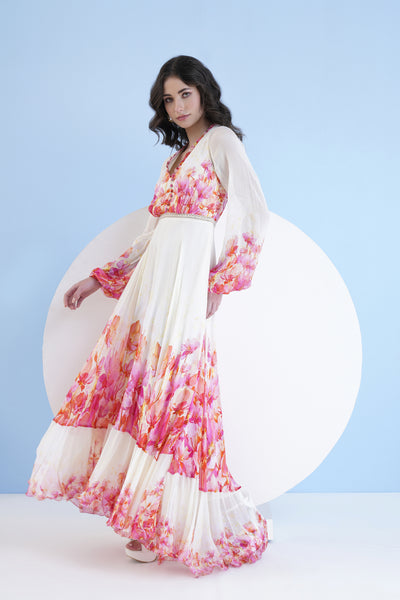 Mandira Wirk Red Bauhinia Printed Long Dress With V Neckline indian designer wear online shopping melange singapore