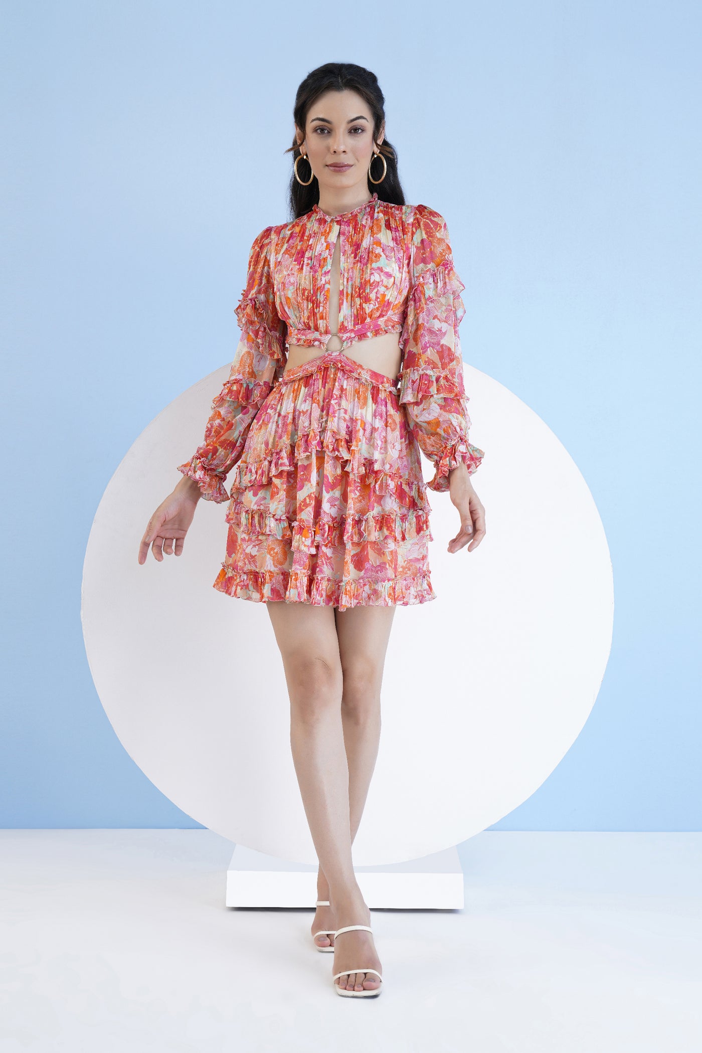 Mandira Wirk Red Dark Orchid Printed Short Tiered Dress With Waist Cutout And Frill Detail indian designer wear online shopping melange singapore