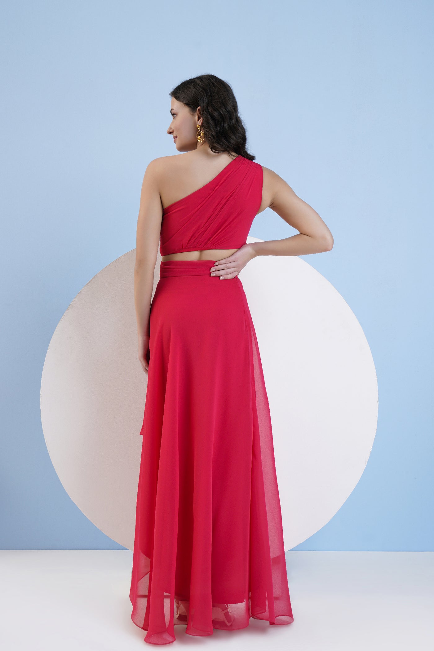 Mandira Wirk Red One Shoulder High Low Dress With Waist Cutout indian designer wear online shopping melange singapore