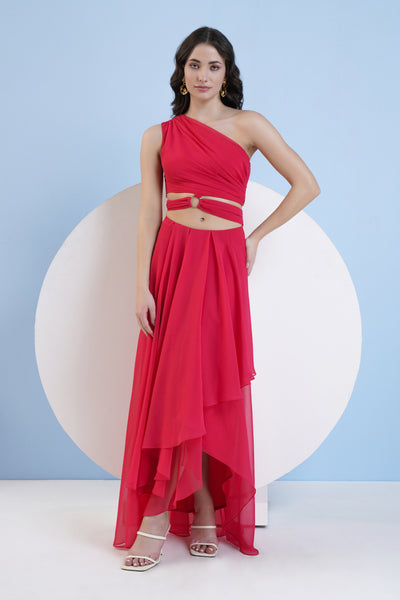 Mandira Wirk Red One Shoulder High Low Dress With Waist Cutout indian designer wear online shopping melange singapore