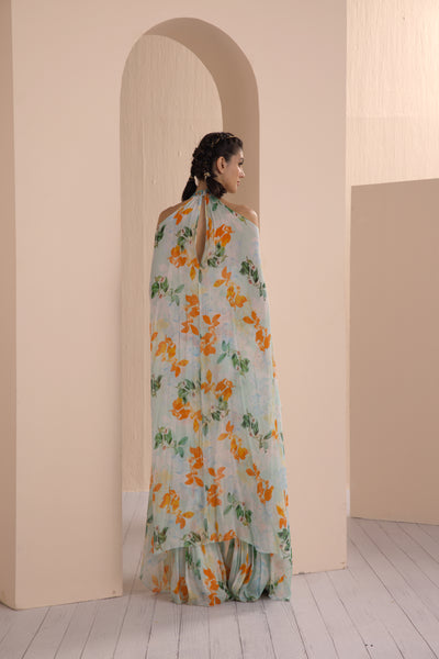 Mandira Wirk Sage Canna Floret Chiffon Printed Halter Neck Jumpsuit indian designer wear online shopping melange singapore