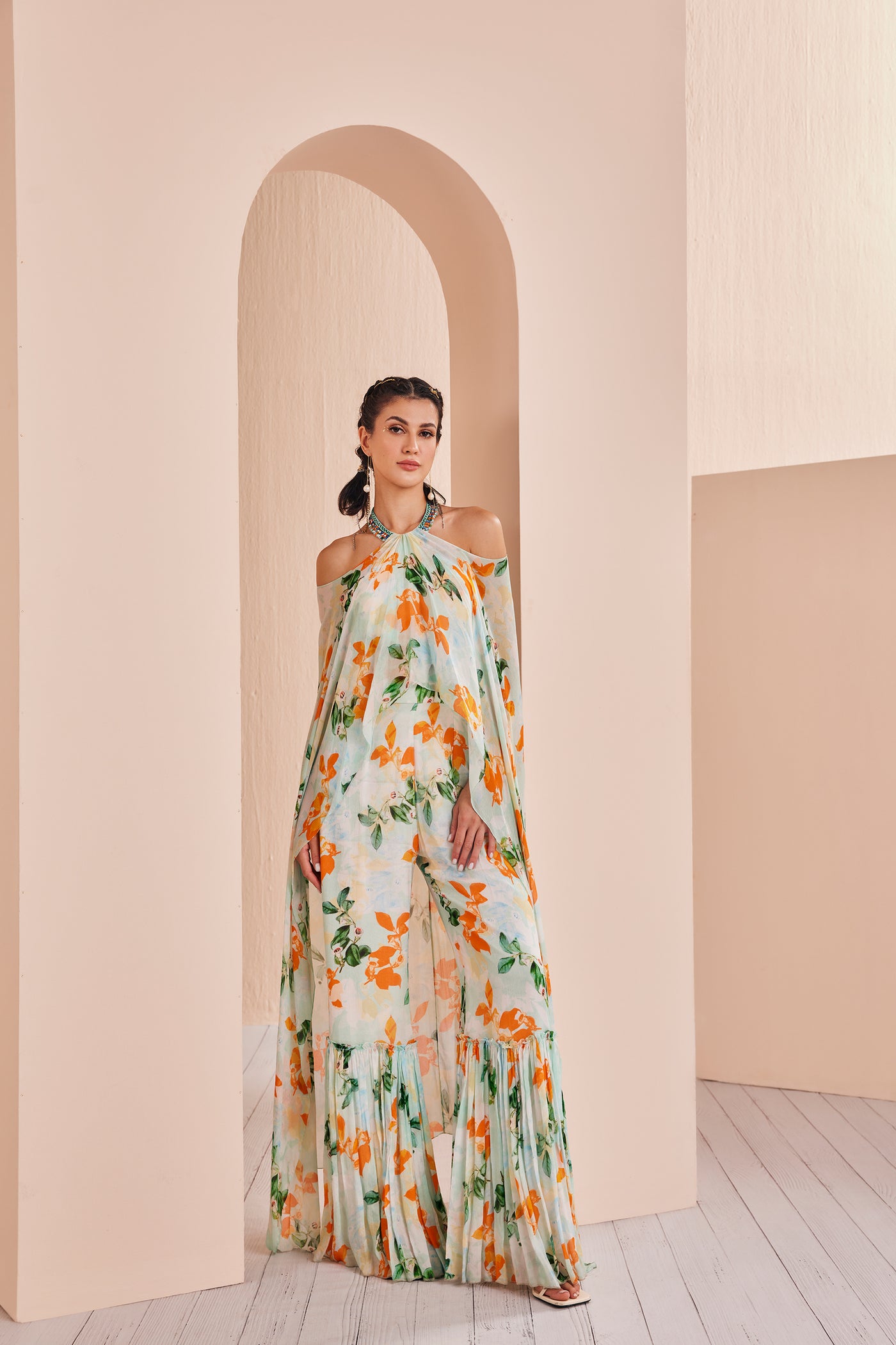 Mandira Wirk Sage Canna Floret Chiffon Printed Halter Neck Jumpsuit indian designer wear online shopping melange singapore