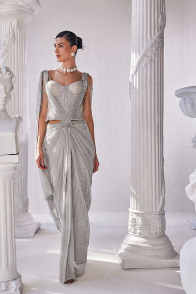 Mandira Wirk Silver Draped Saree indian designer wear online shopping melange singapore