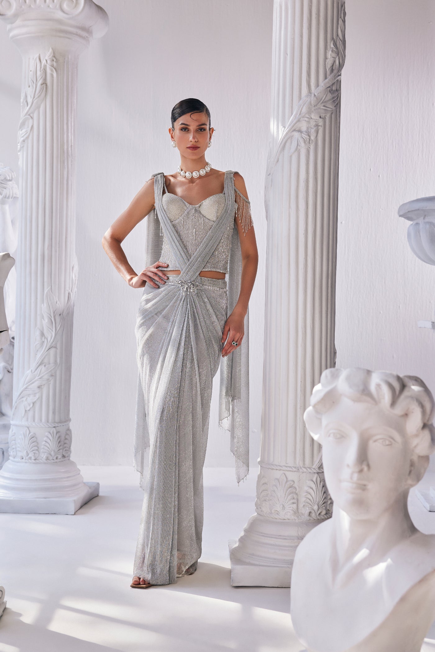 Mandira Wirk Silver Draped Saree indian designer wear online shopping melange singapore