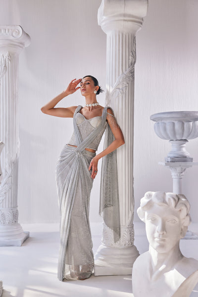 Mandira Wirk Silver Draped Saree indian designer wear online shopping melange singapore