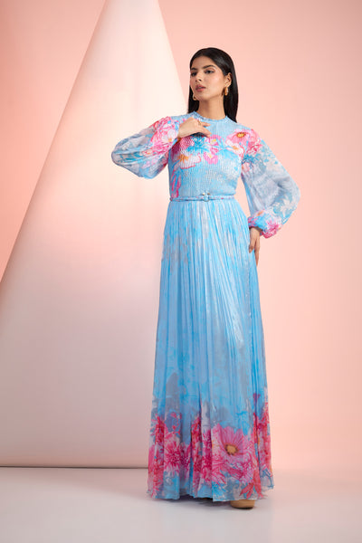 Mandira Wirk Sky Blue Printed  Dress Indian designer wear online shopping melange singapore