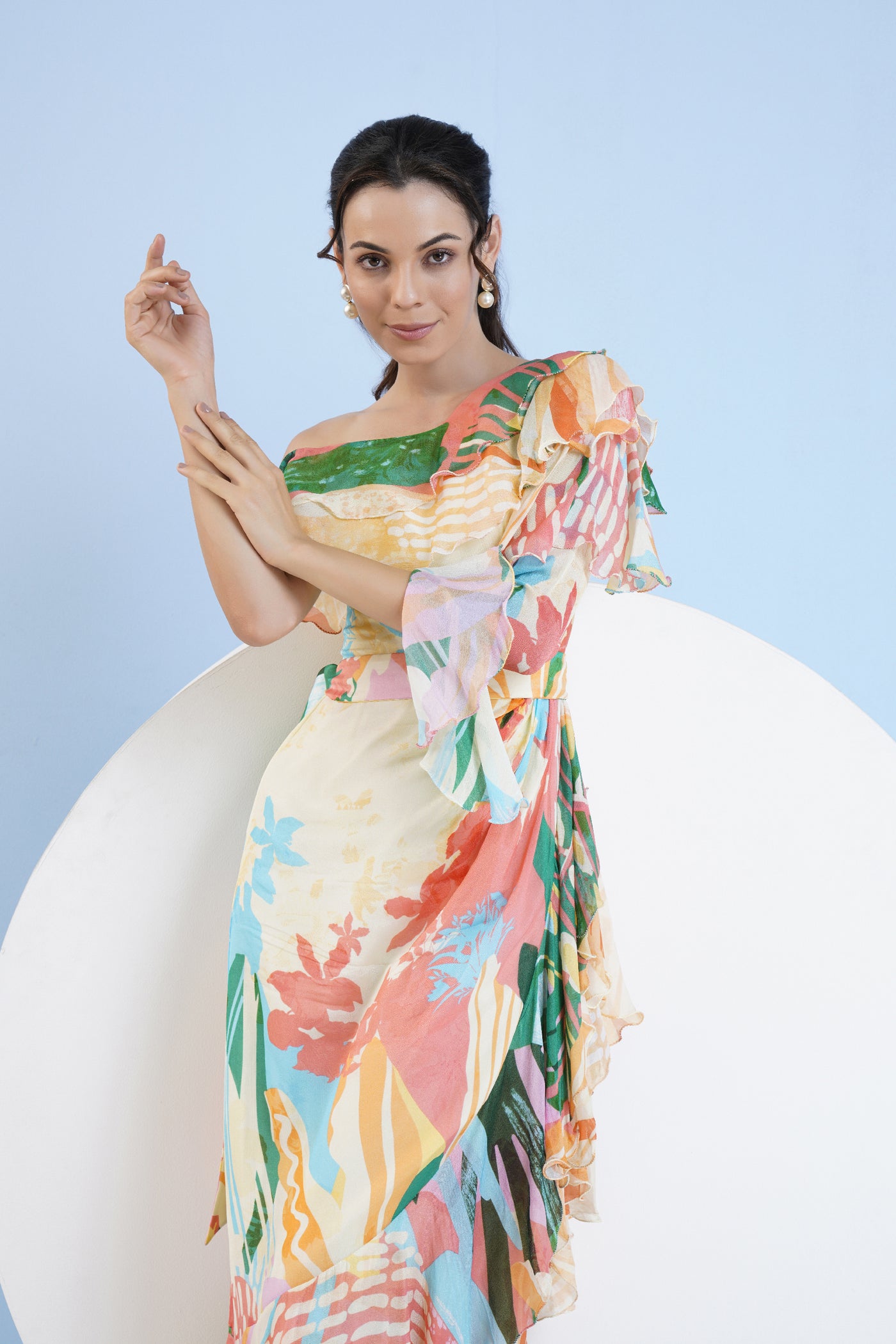 Mandira Wirk Tropical Crush Printed One Shoulder Dress indian designer wear online shopping melange singapore