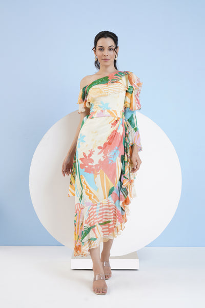 Mandira Wirk Tropical Crush Printed One Shoulder Dress indian designer wear online shopping melange singapore