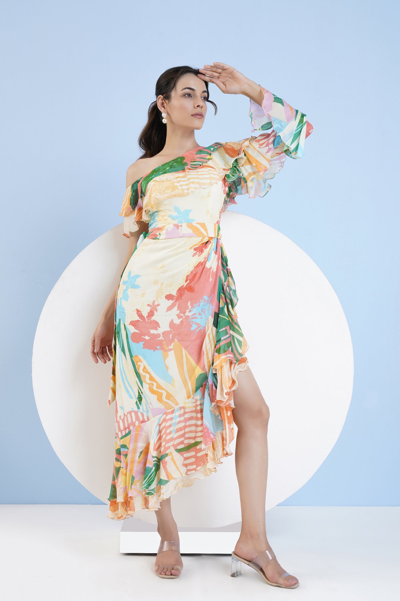 Mandira Wirk Tropical Crush Printed One Shoulder Dress indian designer wear online shopping melange singapore