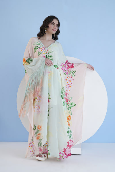 Mandira Wirk Tropical Mist Printed Kaftan With Fringe Detail indian designer wear online shopping melange singapore