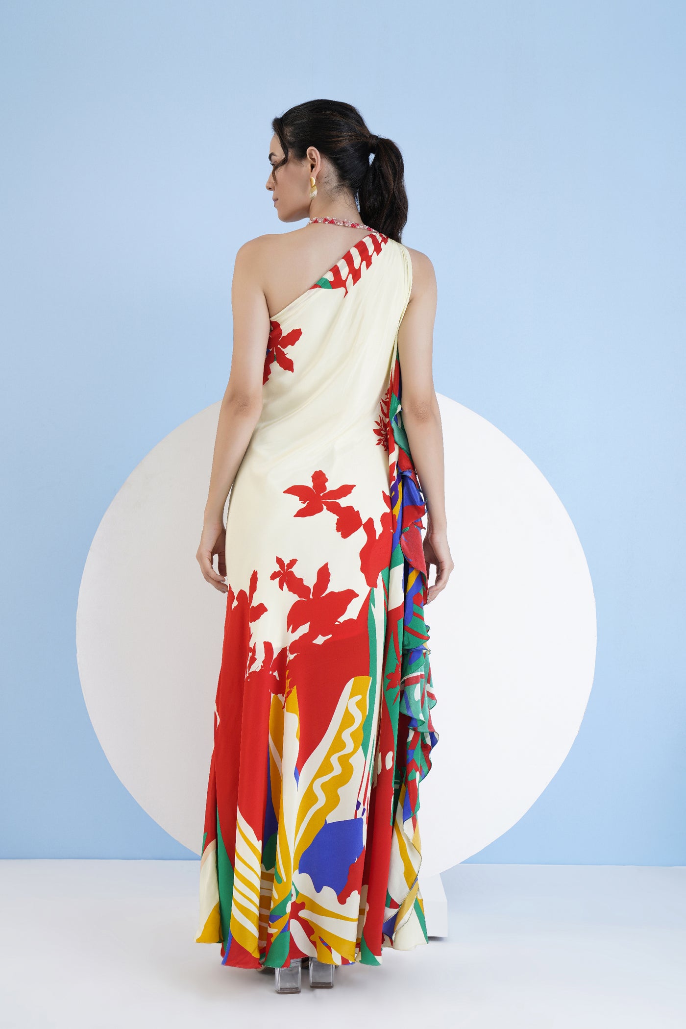 Mandira Wirk Multi Mystic Line Printed Halter Valiant Red Printed One Shoulder Dress With Frill Detail indian designer wear online shopping melange singapore