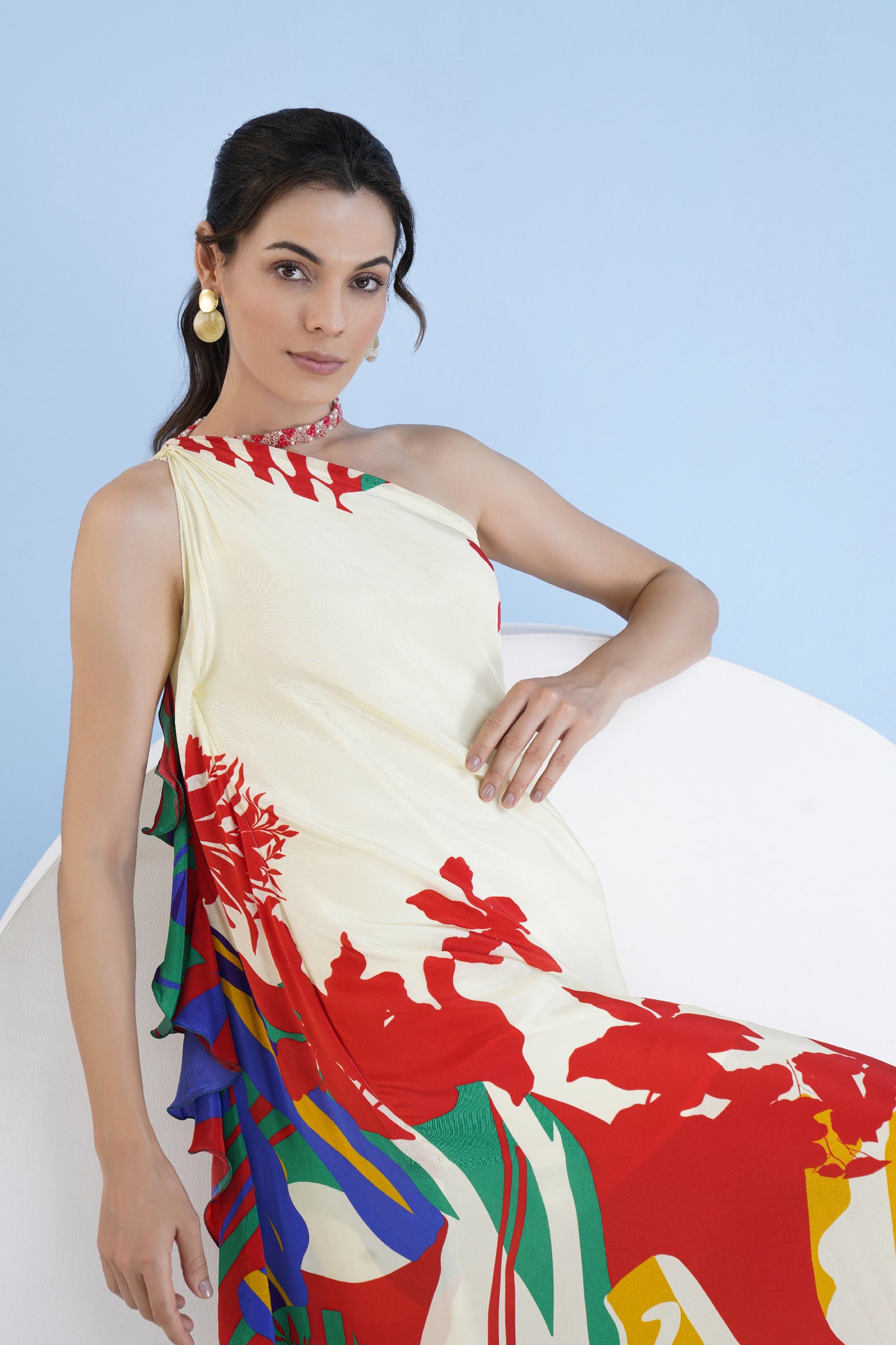 Mandira Wirk Multi Mystic Line Printed Halter Valiant Red Printed One Shoulder Dress With Frill Detail indian designer wear online shopping melange singapore