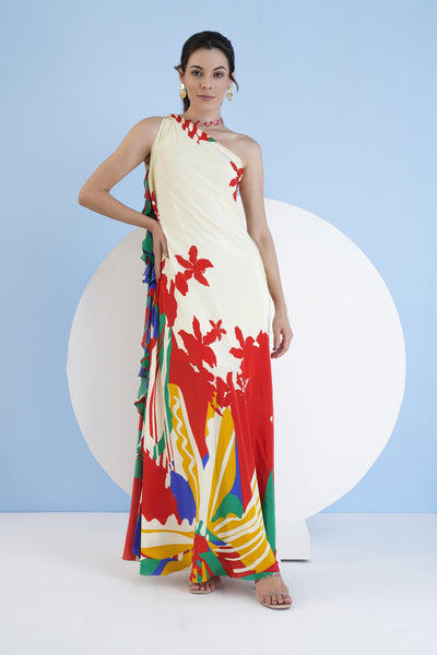 Mandira Wirk Multi Mystic Line Printed Halter Valiant Red Printed One Shoulder Dress With Frill Detail indian designer wear online shopping melange singapore