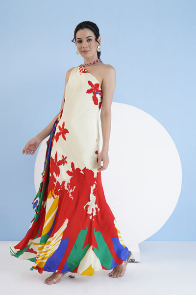 Mandira Wirk Multi Mystic Line Printed Halter Valiant Red Printed One Shoulder Dress With Frill Detail indian designer wear online shopping melange singapore