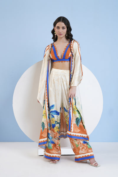 Mandira Wirk Vivid Floral Printed Cape Pants And Bustier With Scallop Neckline indian designer wear online shopping melange singapore