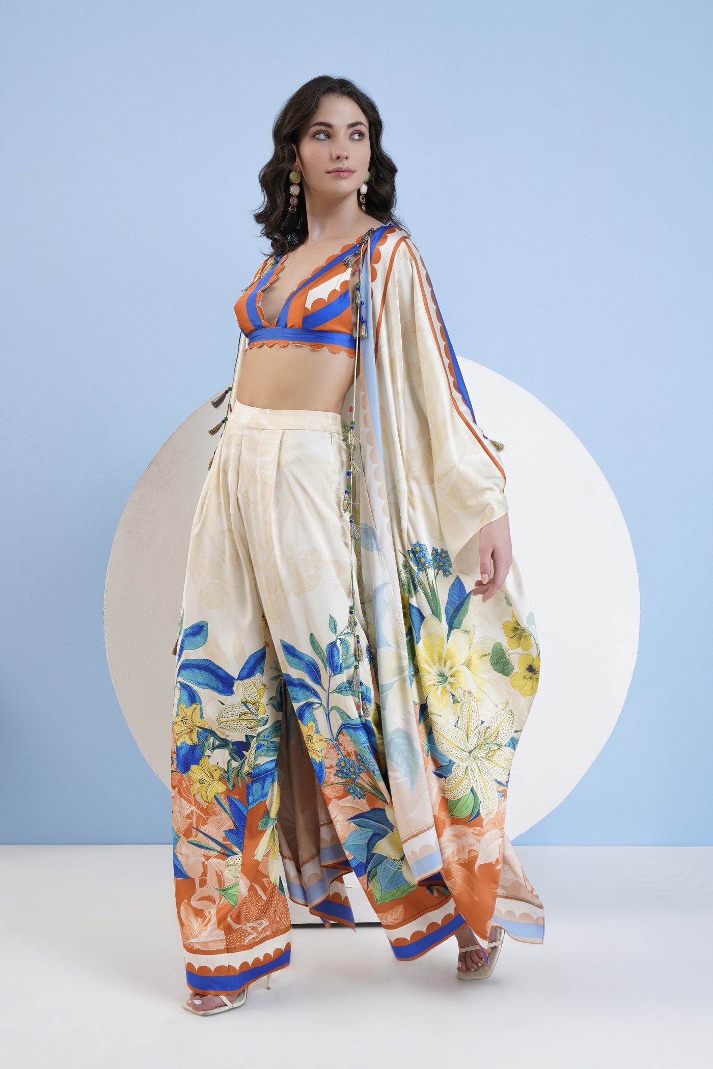 Mandira Wirk Vivid Floral Printed Cape Pants And Bustier With Scallop Neckline indian designer wear online shopping melange singapore