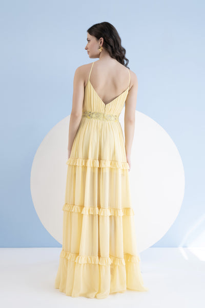 Mandira Wirk Peach Golden Yellow Halter Neck Long Dress With Frill Detail indian designer wear online shopping melange singapore