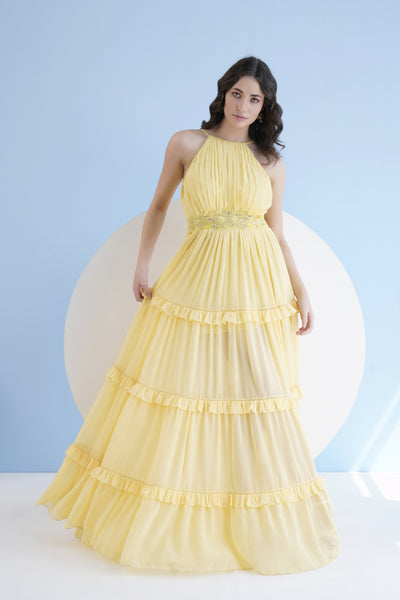 Mandira Wirk Peach Golden Yellow Halter Neck Long Dress With Frill Detail indian designer wear online shopping melange singapore