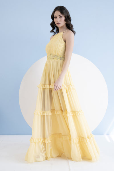 Mandira Wirk Peach Golden Yellow Halter Neck Long Dress With Frill Detail indian designer wear online shopping melange singapore