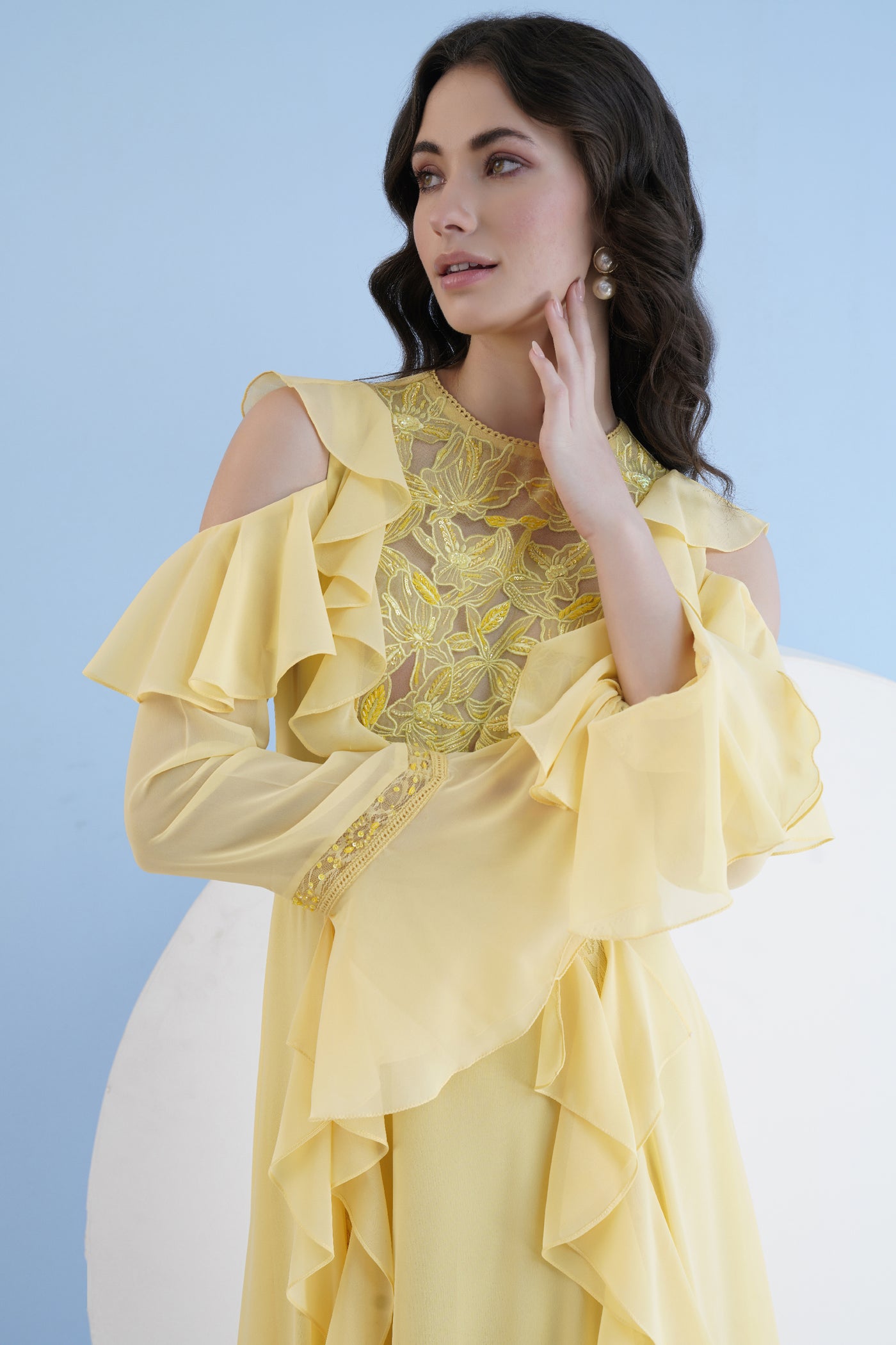Mandira Wirk Yellow Long Dress With Shoulder Cutout And Lace Details indian designer wear online shopping melange singapore
