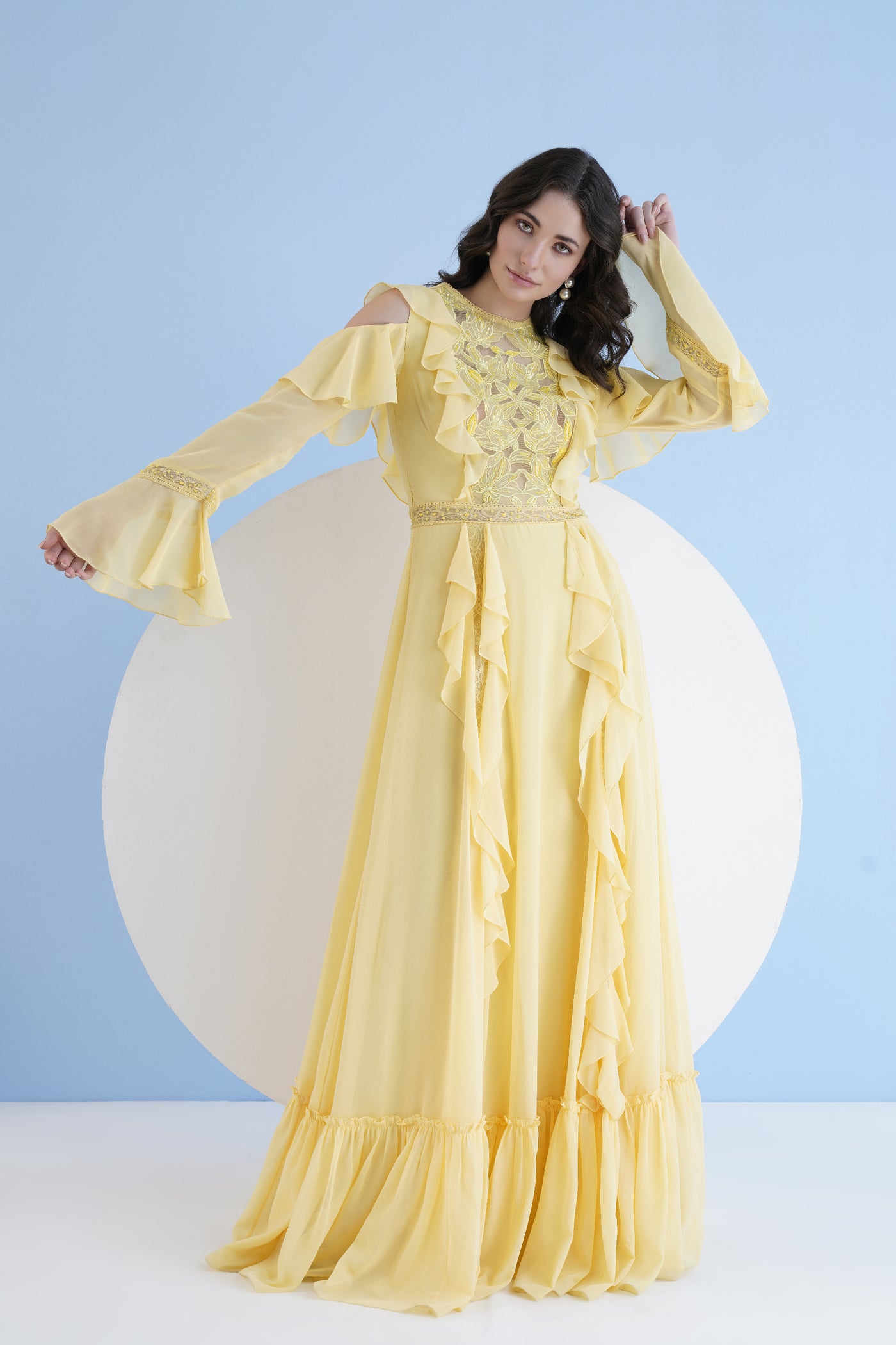 Mandira Wirk Yellow Long Dress With Shoulder Cutout And Lace Details indian designer wear online shopping melange singapore