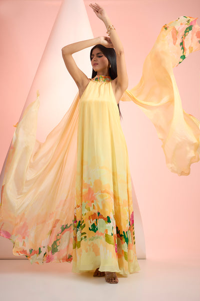 Mandira Wirk Yellow Printed Dress Indian designer wear online shopping melange singapore