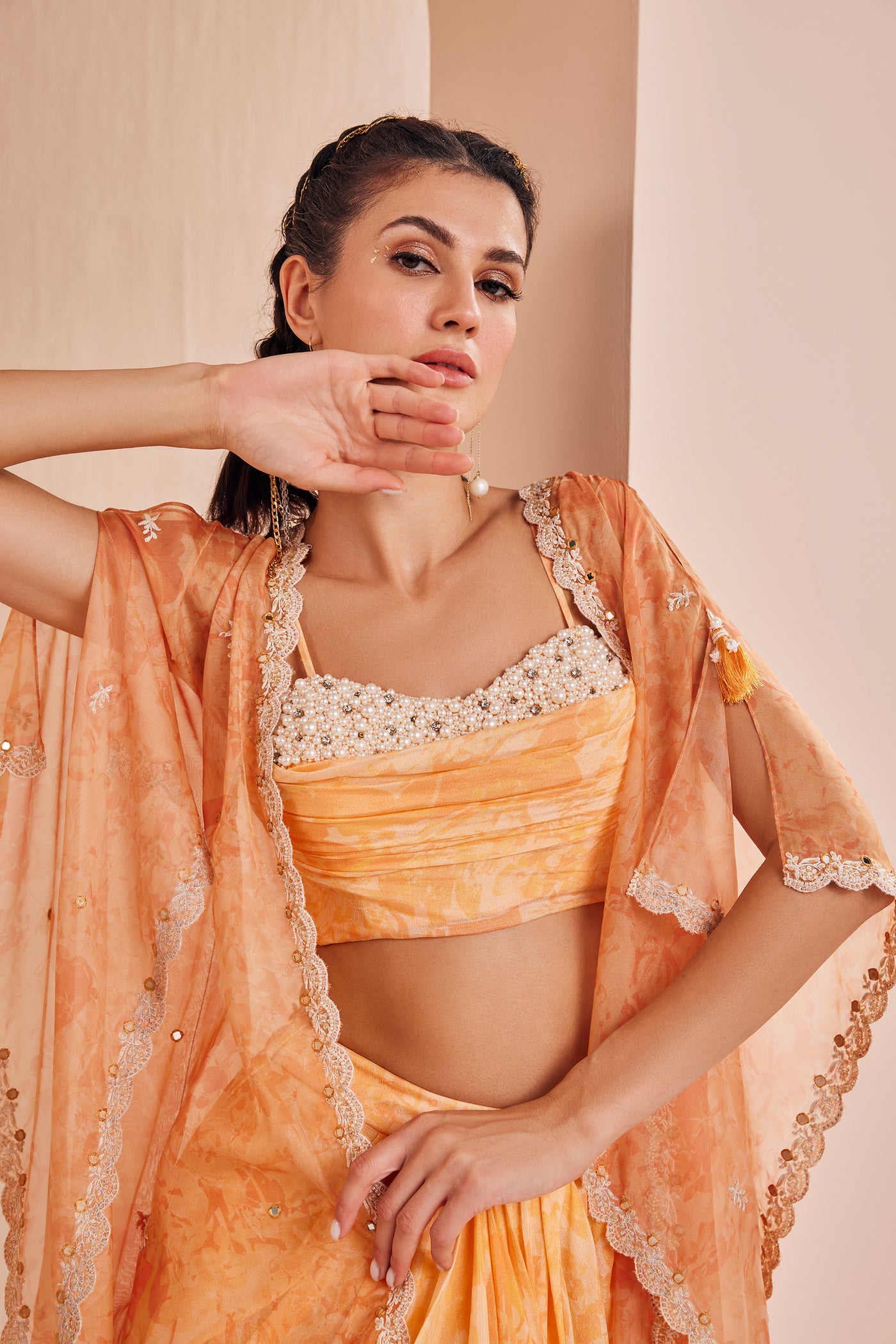 Mandira Wirk Orange Pancy Daisy Bustier Skirt Cape Set indian designer wear online shopping melange singapore