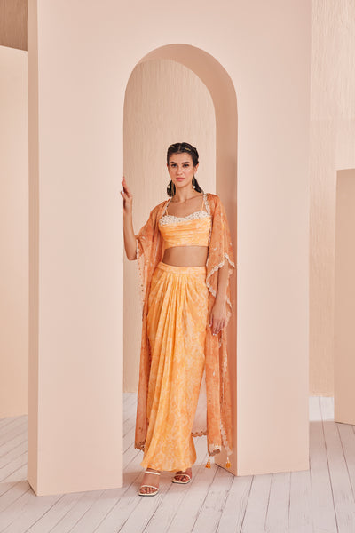 Mandira Wirk Orange Pancy Daisy Bustier Skirt Cape Set indian designer wear online shopping melange singapore