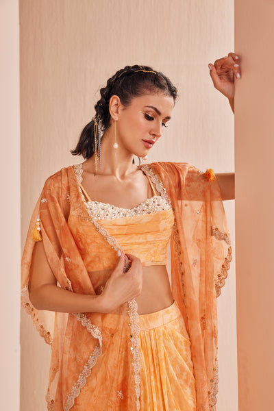 Mandira Wirk Orange Pancy Daisy Bustier Skirt Cape Set indian designer wear online shopping melange singapore