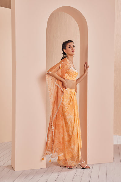 Mandira Wirk Orange Pancy Daisy Bustier Skirt Cape Set indian designer wear online shopping melange singapore