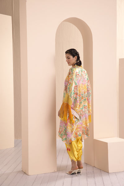 Mandira Wirk Yellow Leafy Ash Printed Satin Kaftan Kurta And Dhoti indian designer wear online shopping melange singapore